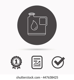 Jerrycan icon. Petrol fuel can with drop sign. Report document, winner award and tick. Round circle button with icon. Vector