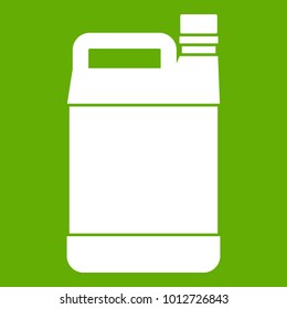 Jerrycan icon white isolated on green background. Vector illustration