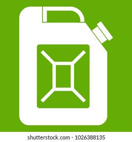 Jerrycan icon white isolated on green background. Vector illustration