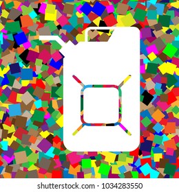 Jerrycan oil sign. Jerry can oil sign. Vector. White icon on colorful background with seamless pattern from squares.