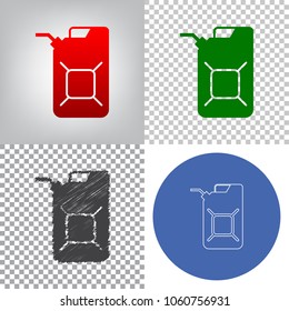 Jerrycan oil sign. Jerry can oil sign. Vector. 4 styles. Red gradient in radial lighted background, green flat and gray scribble icons on transparent and linear one in blue circle.