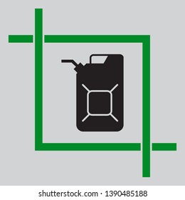 Jerrycan oil sign. Jerry can oil sign. Black icon inside green crop tool at light gray background