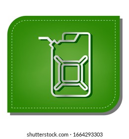 Jerrycan oil sign. Jerry can oil sign. Silver gradient line icon with dark green shadow at ecological patched green leaf. Illustration.