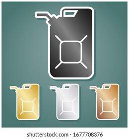Jerrycan oil sign. Jerry can oil sign. Set of metallic Icons with gray, gold, silver and bronze gradient with white contour and shadow at viridan background. Illustration.