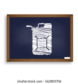 Jerrycan oil sign. Jerry can oil sign. White chalk icon on blue school board with shadow as background. Isolated.
