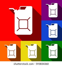 Jerrycan oil sign. Jerry can oil sign. Vector. Set of icons with flat shadows at red, orange, yellow, green, blue and violet background.