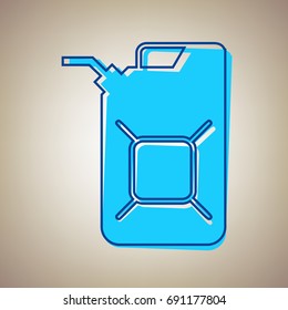 Jerrycan oil sign. Jerry can oil sign. Vector. Sky blue icon with defected blue contour on beige background.