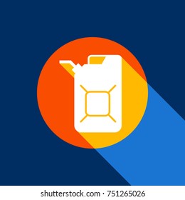 Jerrycan oil sign. Jerry can oil sign. Vector. White icon on tangelo circle with infinite shadow of light at cool black background. Selective yellow and bright navy blue are produced.