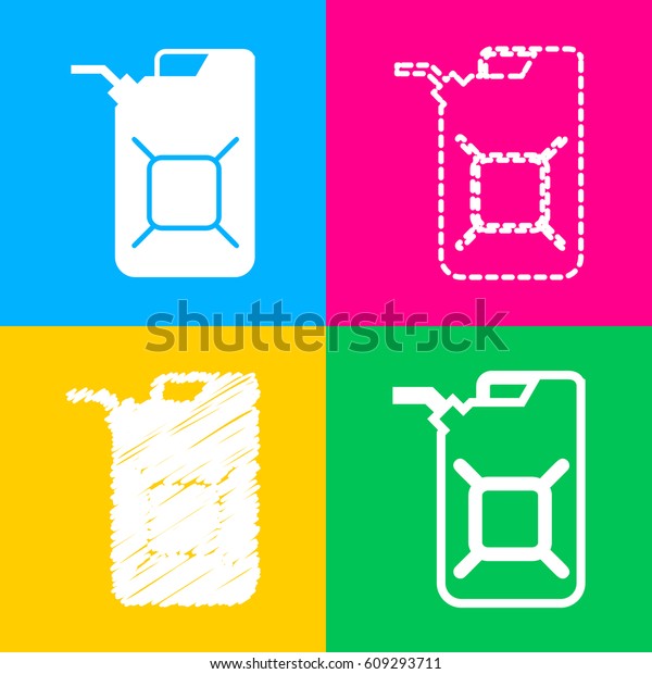 Jerrycan oil sign. Jerry can oil sign. Four\
styles of icon on four color\
squares.