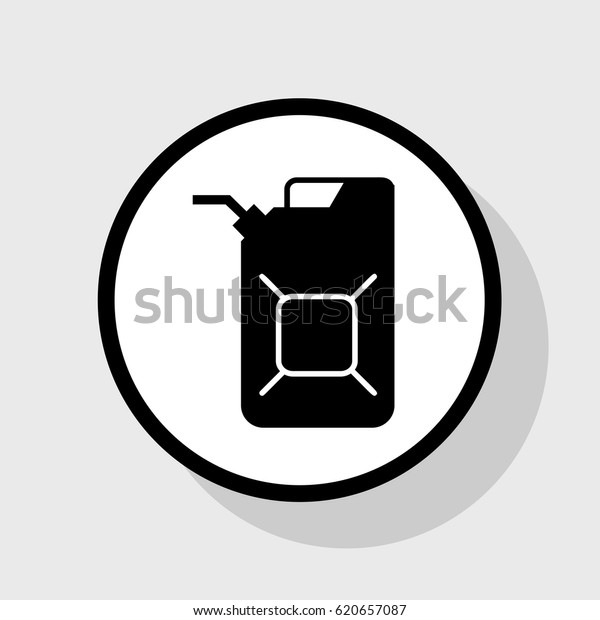 Jerrycan oil sign.\
Jerry can oil sign. Vector. Flat black icon in white circle with\
shadow at gray\
background.