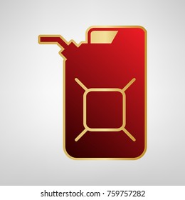 Jerrycan oil sign.  Vector. Red icon on gold sticker at light gray background.