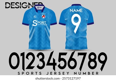 The jersey is blue in color and has a simple pattern, suitable for sports. Numbers shown: Below the image are numbers 0-9, which can be selected as the player's jersey number.