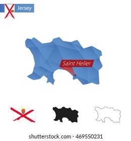 Jersey blue Low Poly map with capital Saint Helier, versions with flag, black and outline. Vector Illustration.