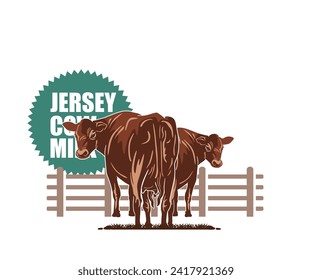 JERSEY CATTLE FARM LOGO, great silhouette of great cow standing at ranch vector illustrations