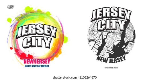 Jersey City, New Jersey, logo design. Two in one vector arts. Big logo with vintage letters with nice colored background and one-color-version with map for every possible print production.