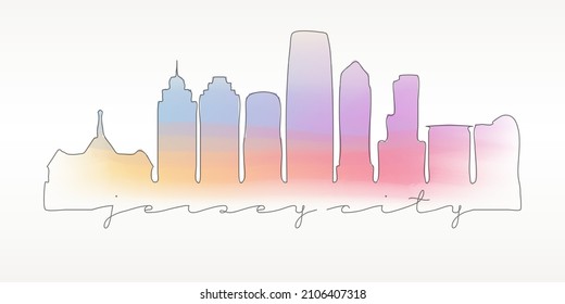 Jersey City, NJ, USA Skyline Watercolor City Illustration. Famous Buildings Silhouette Hand Drawn Doodle Art. Vector Landmark Sketch Drawing.