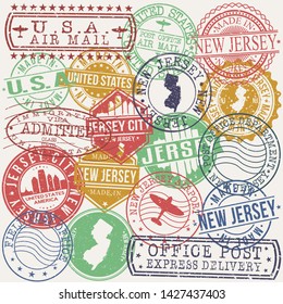 Jersey City Set of Stamps. Travel Stamp. Made In Product. Design Seals Old Style Insignia.