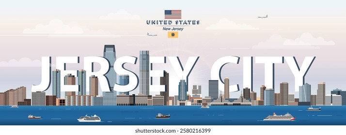 Jersey City skyline colorful vector illustration. Travel poster