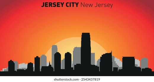 Jersey city skyline with silhouettes of buildings against the backdrop of a large yellow sun and orange sky. Vector on the background of sunset