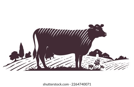 
Jersey cow on the background of a farm, meadows, flowers. Vector engraved illustration