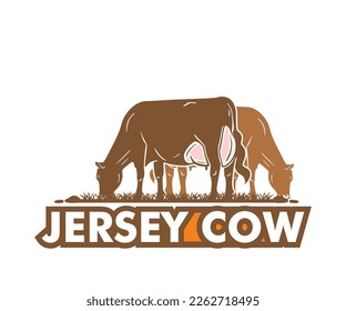 JERSEY DAIRY MILK COW LOGO, silhouette of great cattle at field standing vector illustrations