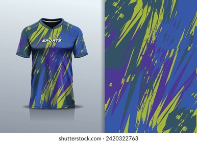 Jersey design abstract rustic grunge rustic for t-shirt sport football, soccer, racing, esports, running, in purple blue gold color	
