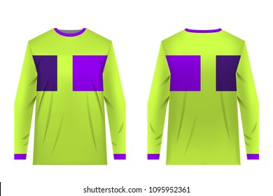 Jersey design for extreme cycling. Mountain bike jersey. Vector. Sublimation printing. Template. Fluorescent green with ultra violet and deep purple colors. Minimalistic design.