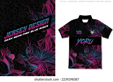 Diseño Jersey Sublimación de patrón de neón floral, combinación de color negro púrpura rosa, ilustración vectorial de patrón gradiente abstracto