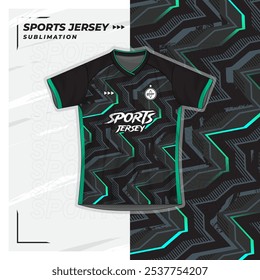 Jersey design, camisa, futebol, futsal, corrida, badminton, tênis, exercício, padrão de pincel azul, padrão de ziguezague, preto, verde hortelã.