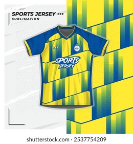 Jersey design, jersey, football, futsal, running, badminton, tennis, exercise, blue brush pattern, gradient stripes, yellow, blue, green.