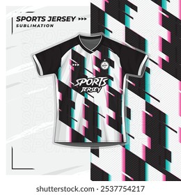 Jersey design, jersey, football, futsal, running, badminton, tennis, exercise, blue brush pattern, square stripe pattern, neon colors, black and white.