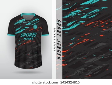 Jersey design for outdoor sports, jersey, football, futsal, running, car racing, exercise, black brush pattern cut with blue, mint and orange.