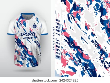 Jersey design for outdoor sports, jersey, football, futsal, running, car racing, exercise, white brush pattern cut with blue and pink.