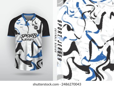 Jersey design, outdoor sports, jersey, football, futsal, running, racing, exercise, white, blue, black grain liquid pattern.