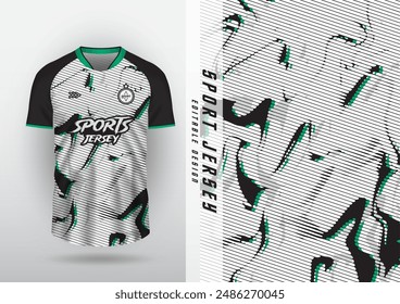 Jersey design, outdoor sports, jersey, football, futsal, running, racing, exercise, pattern, liquid, halftone, white, black, green.