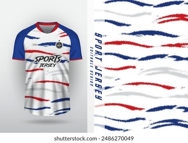 Jersey design, outdoor sports, jersey, football, futsal, running, racing, exercise, sea wave pattern, grain, white, blue, red.