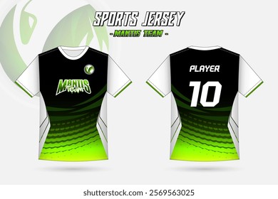 jersey design for a team with mantis elements and pattern theme, green neon bright light color.