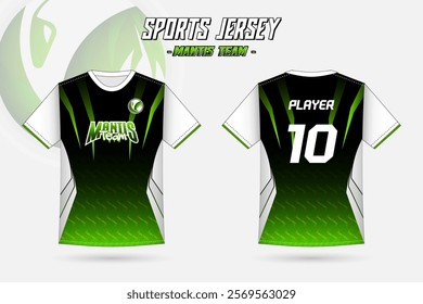 jersey design for a team with mantis elements and pattern theme, green neon bright light color.