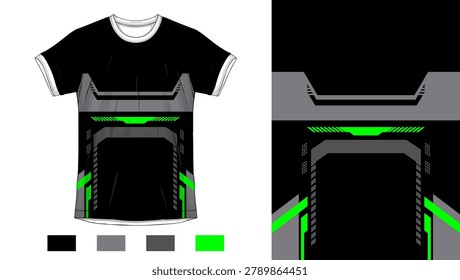 jersey design template with modern abstract geometric shapes in black grey and vibrant neon green