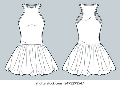 Jersey Vestido con fondo de popelina ilustración de moda técnica. Mini Plantilla de dibujo técnico plano de la moda del vestido, sin mangas, falda del globo, cuello redondo, vista delantera y trasera, blanco, maqueta del CAD de las mujeres.