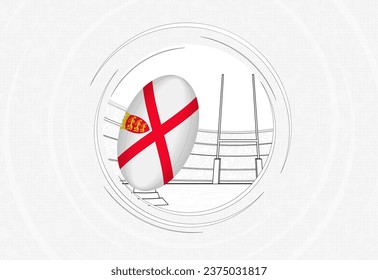 Jersey flag on rugby ball, lined circle rugby icon with ball in a crowded stadium. Vector sport emblem on abstract background.