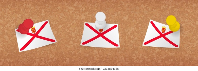 Jersey flag pinned in cork board, three versions of Jersey flag. Vector pushpins and flag set.