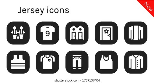 conjunto de iconos jersey. 10 iconos jersey rellenos.  Iconos modernos sencillos como: Fútbol de mesa, camiseta de fútbol, sala de vestir, cardigan, camiseta sin mangas, pantalones sudorosos de fútbol, camiseta deportiva