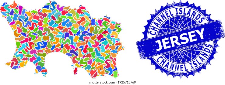 Jersey Island map abstraction. Splash mosaic map and corroded stamp seal for Jersey Island. Sharp rosette blue badge with tag for Jersey Island map.