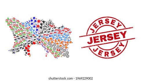 Collage de mapas de la isla de Jersey y placa de circunferencia roja de Jersey de goma. El sello de Jersey utiliza líneas vectoriales y arcos. El collage de mapas de Jersey Island incluye artes, casas, lámparas, soles, copas de vino y más pictogramas.