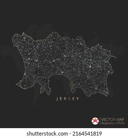 Jersey map abstract geometric mesh polygonal light concept with black and white glowing contour lines countries and dots on dark background. Vector illustration.