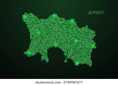 Jersey Map - Digital dotted map with glowing green points on dark background, modern technology style, abstract data network design, clean minimal geometric vector illustration.