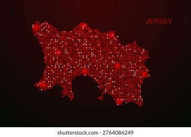 Jersey Map - Digital dotted map with glowing red points on dark background, modern technology style, abstract data network design, clean minimal vector illustration.