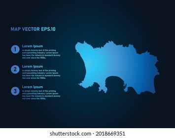 Jersey map, infographic style , on dark background with Map World. Wire frame 3D mesh , map 3D,
