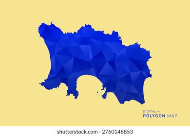 Jersey Map - Low poly polygon map in deep blue gradient on soft beige background, modern minimal geometric design, clean abstract vector illustration with faceted triangulated style.